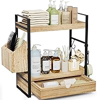 Aollewoiti 2-Tier Wood Bathroom Counter Organizer with Drawer, Basket & Hooks - Vanity Skincare Storage Shelf 13.2x6.7x15.9"