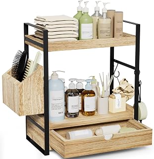 Aollewoiti 2-Tier Wood Bathroom Counter Organizer with Drawer, Baskets & Hooks - Vanity Skincare Storage Shelf