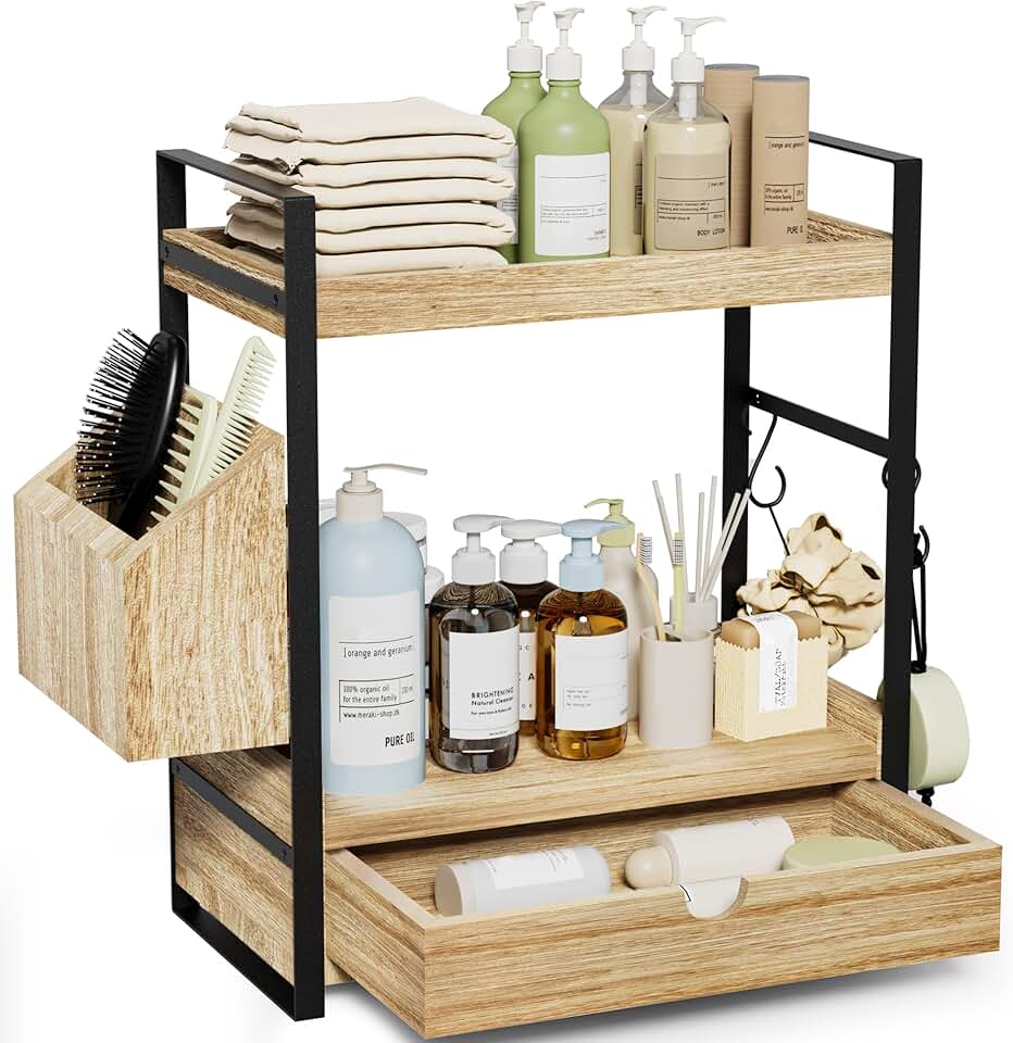 2-Tier Bathroom Counter Organizer with Drawer and Basket, Wood Countertop Organizer for Storage, Skincare Organizers for Vanity, C
