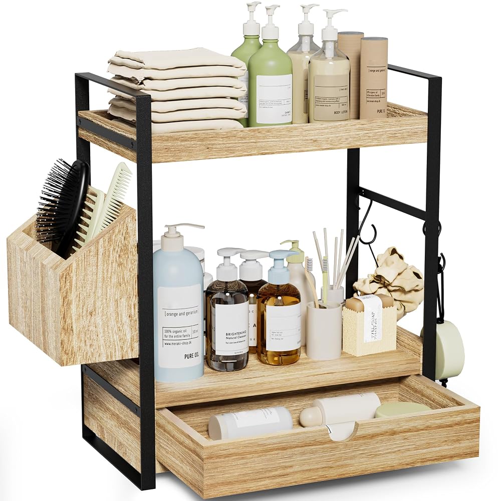 2-Tier Bathroom Counter Organizer, Wooden Vanity Shelf with Drawer &