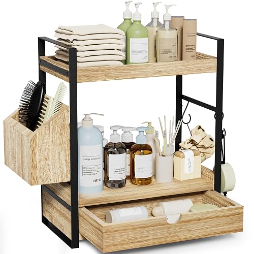 2-Tier Bathroom Counter Organizer, Wooden Vanity Shelf with Drawer &
