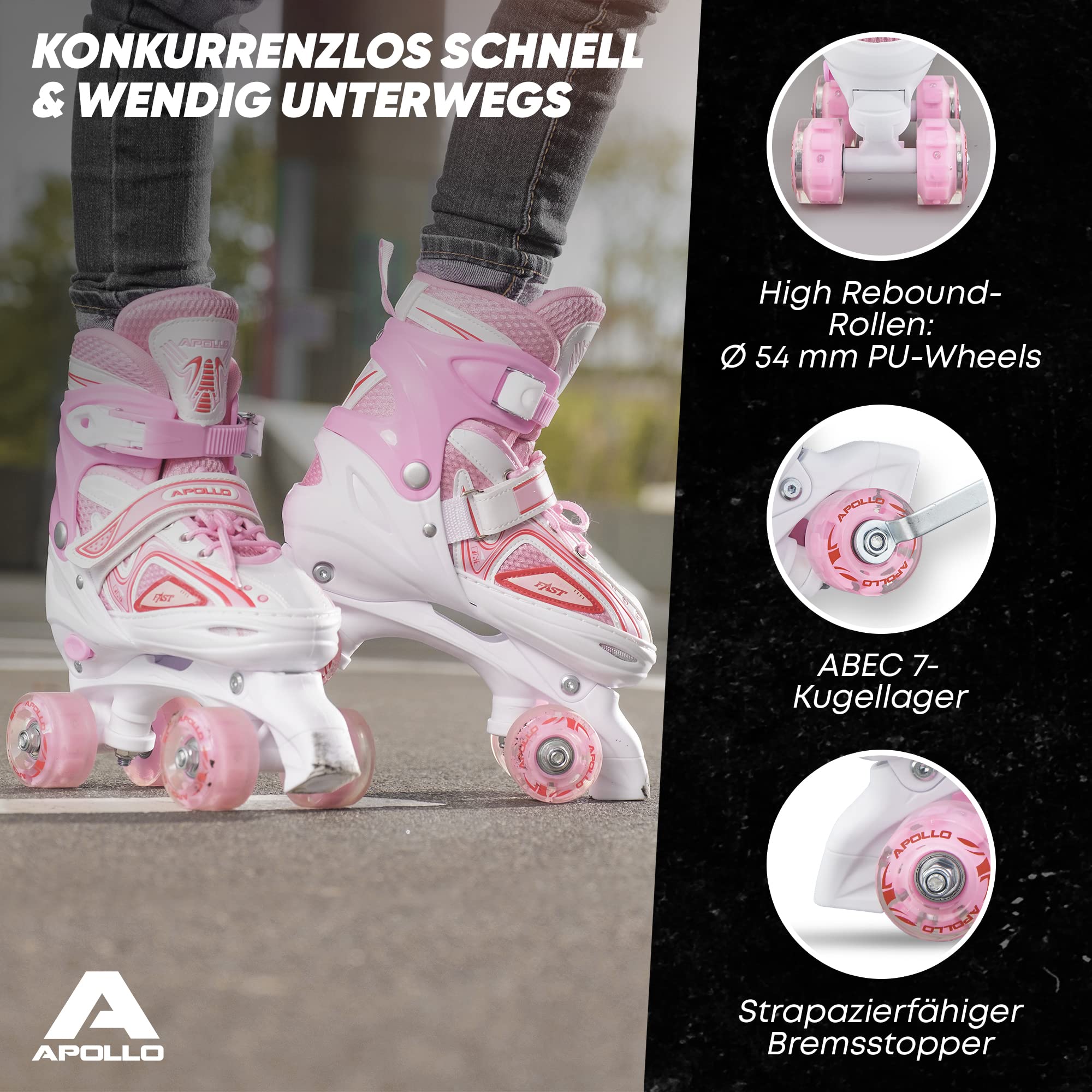 Apollo Super Quad X Pro | verstellbare Rollschuhe für Kinder | komfortable, größenverstellbare LED Roller Skates | Rollschuhe für Mädchen und Jungen | Größen 31-42