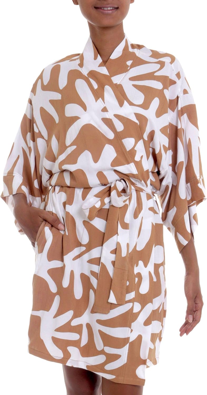 NOVICA Brown and White 100% Short Rayon Robe, 'Balinese Spice' : Clothing, Shoes & Jewelry