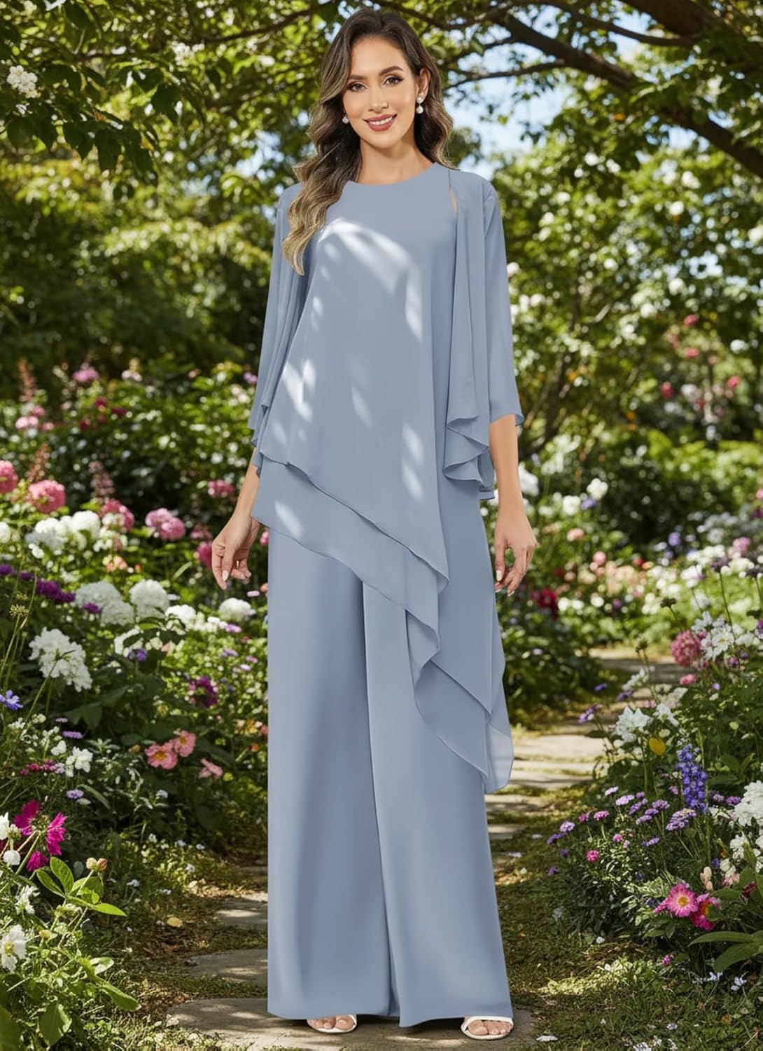 3 Pieces Chiffon Mother of the Bride Pant Suit Women's Ruched Asymmetrical Formal Pantsuit
