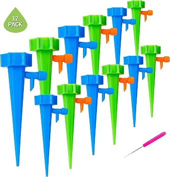 Automatic Watering Device Adjustable Plant Waterer Self Watering Spikes with Slow Release Control Valve Switch Bottle Drip Irrigation System for Garden Home Indoor Outdoor Mixed Color 12Pcs