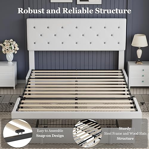 Miniatura 35 de VECELO Base de cama de tamaño individual, plataforma tapizada con cabecera ajustable de diamante, soporte de listones de madera, no necesita somier,