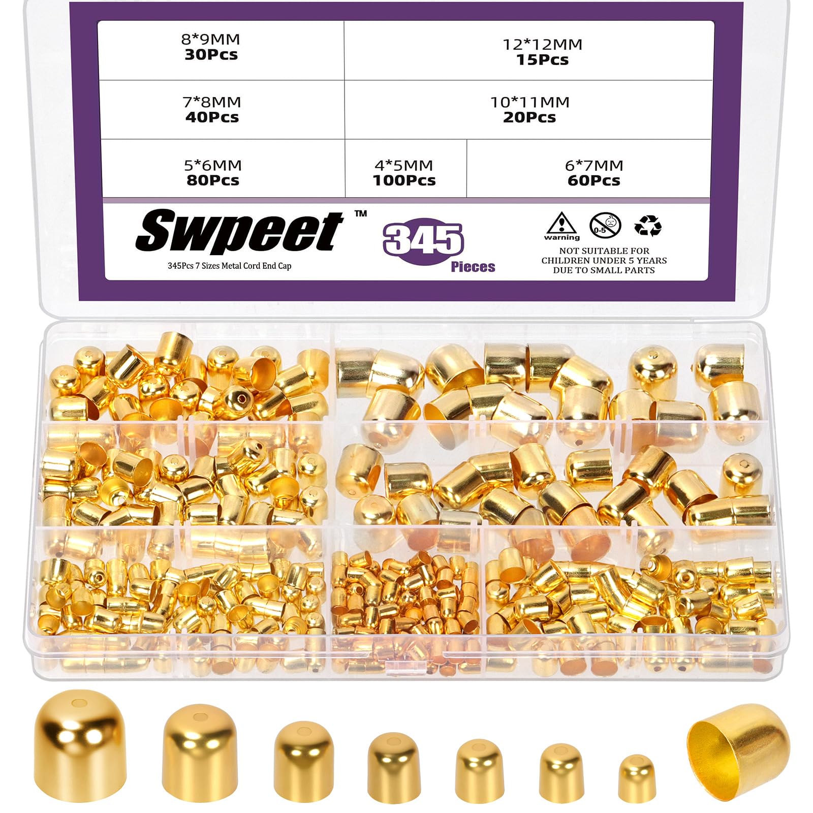 Swpeet 345Pcs 7 Sizes 4/5/6/7/8/10/12 mm Golden Metal Cord End Cap Assortment Kit, Leather Ends Caps, Column End Cap Terminators, Leather Cords Ends Bead Cap for DIY Bracelet Jewelry Making