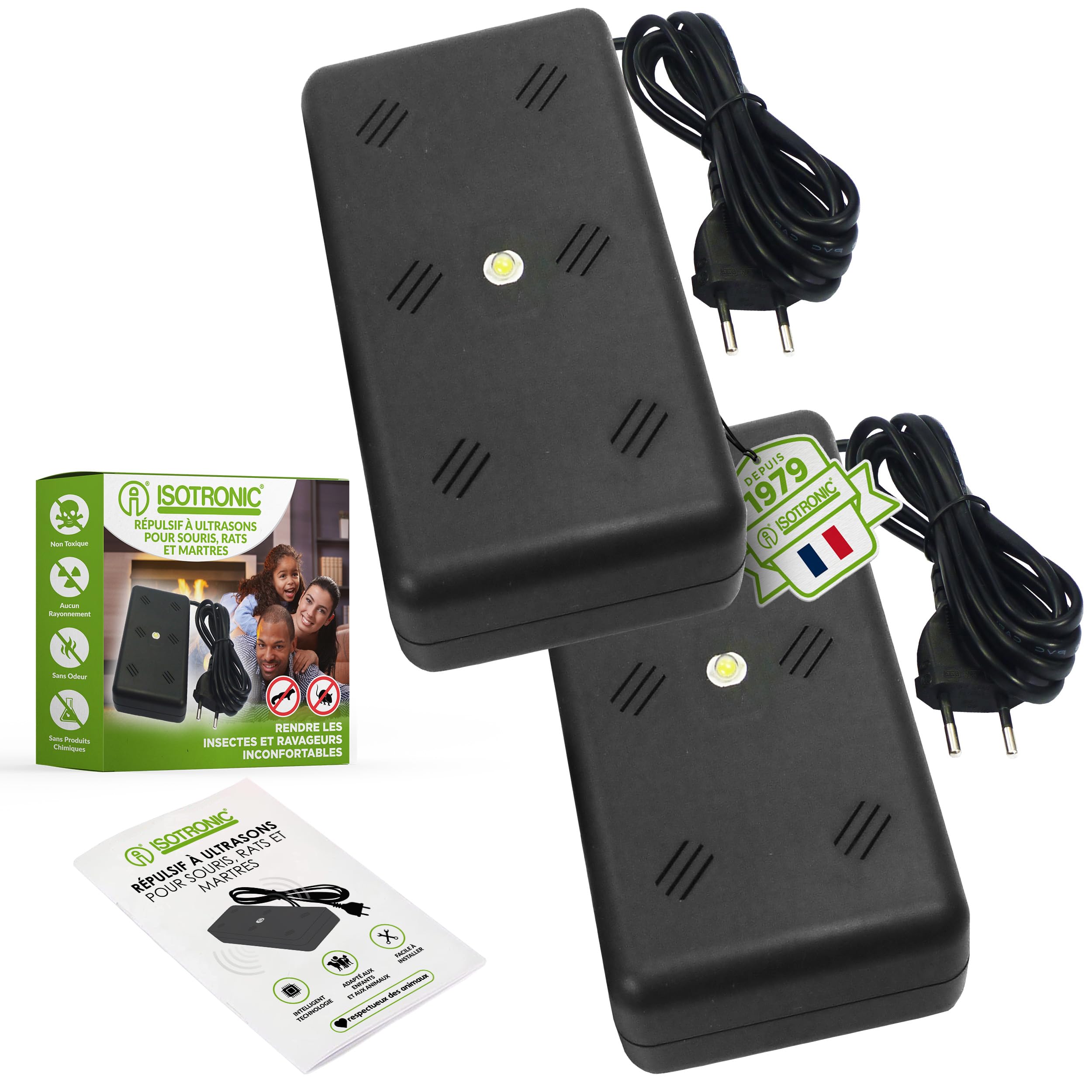 ISOTRONIC Répulsif martres avec LED Clignotante et ultrasons – Protection pour Grenier, Garage et Maison – Dissuasion Souris et Rats – Portée Efficace 50 m² – 2 unités pour Une sécurité maximale