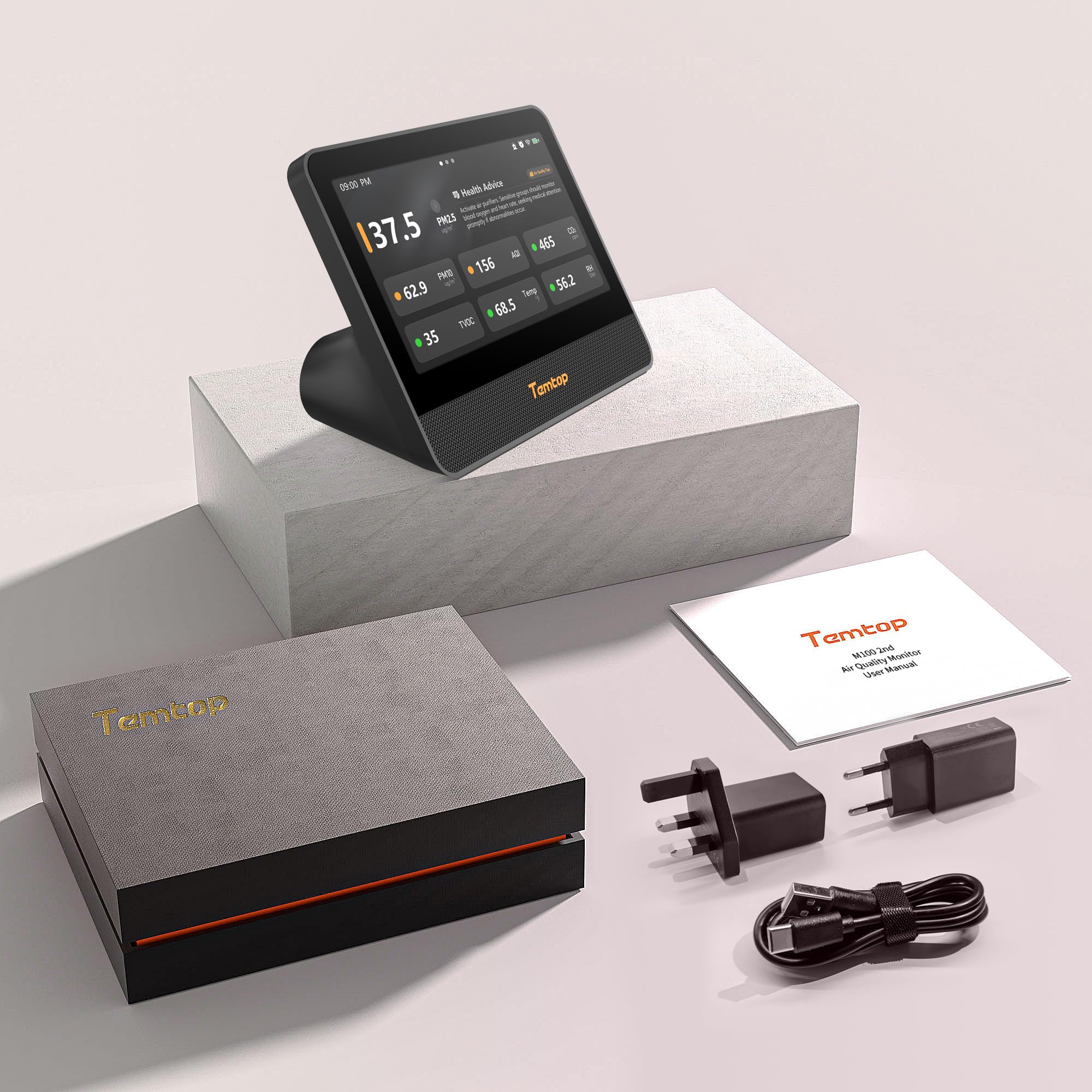 Temtop Monitor de Calidad del Aire WiFi, Pantalla Táctil de 7 Pulgadas, Detector de CO₂ y Probador de PM2.5/PM10/TVOC/Temperatura/Humedad para Interiores M100 2nd