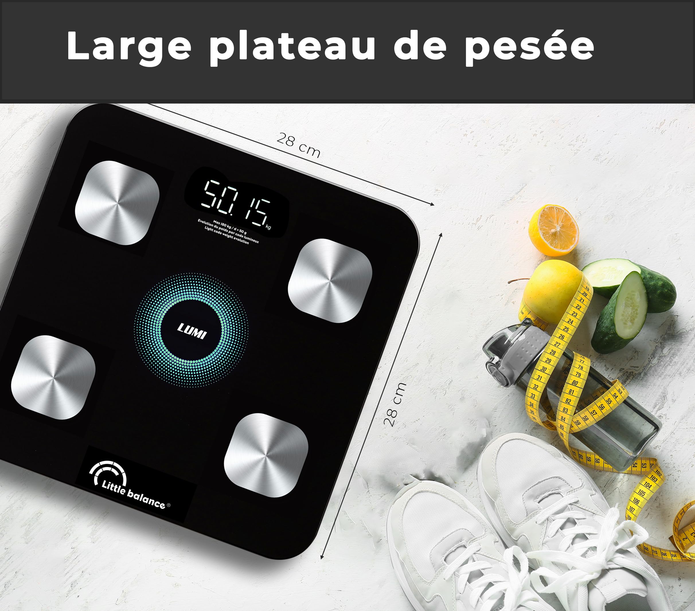 LITTLE BALANCE 8861 i-Lumi, Pèse-personne connecté, Balance Impédancemètre connectée, 14 données corporelles, 180 kg, Verre trempé, Noir