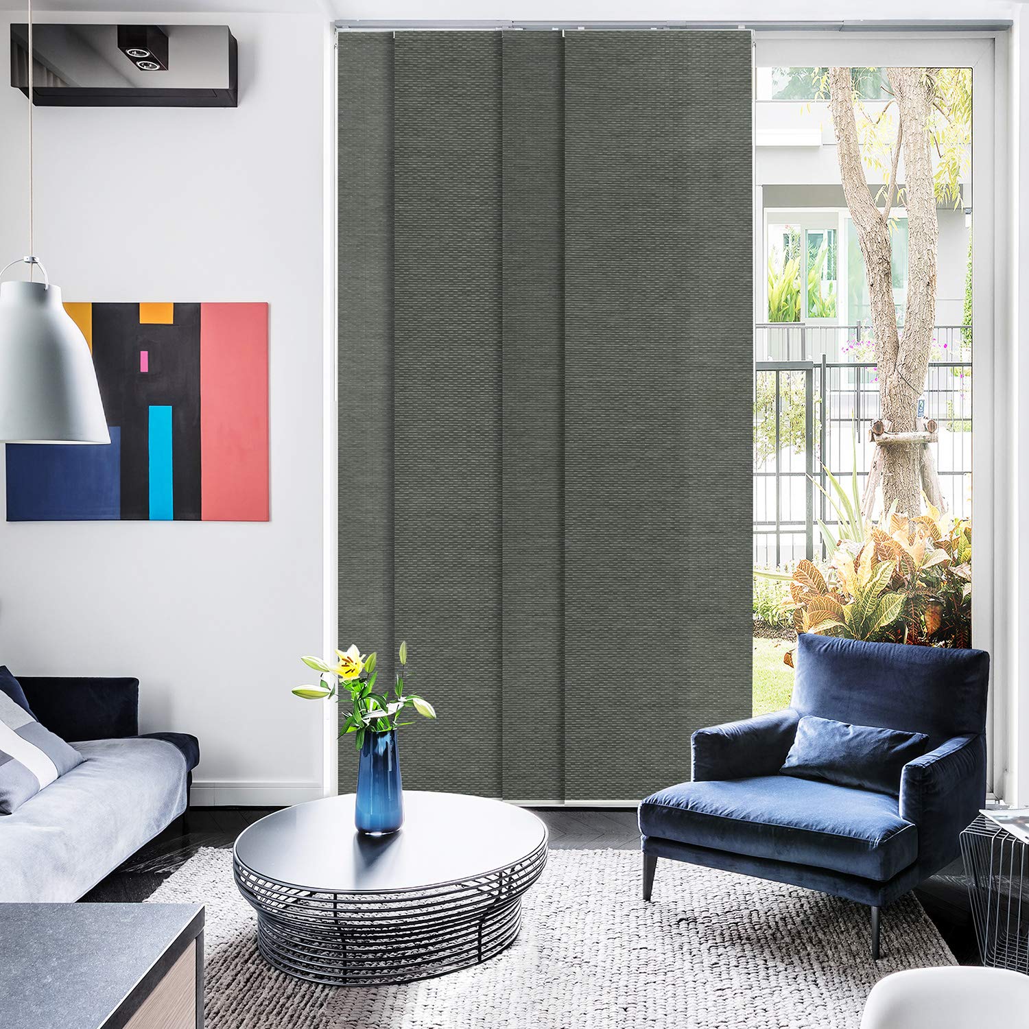 GoDear Design Shimmering Adjustable Sliding Panel Track Blinds, Vertical Window Blinds, Patio Door Blinds, Extendable Track from 45.8" to 86" W, Trimmable Panel Curtains Up to 96", Obsidian