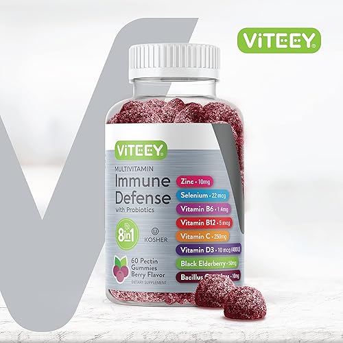 Vista 2 de Viteey Gomitas multivitamínicas 8 en 1 Suplemento de apoyo inmunológico con probióticos - Potenciadores inmunológicos para adultos y adolescentes