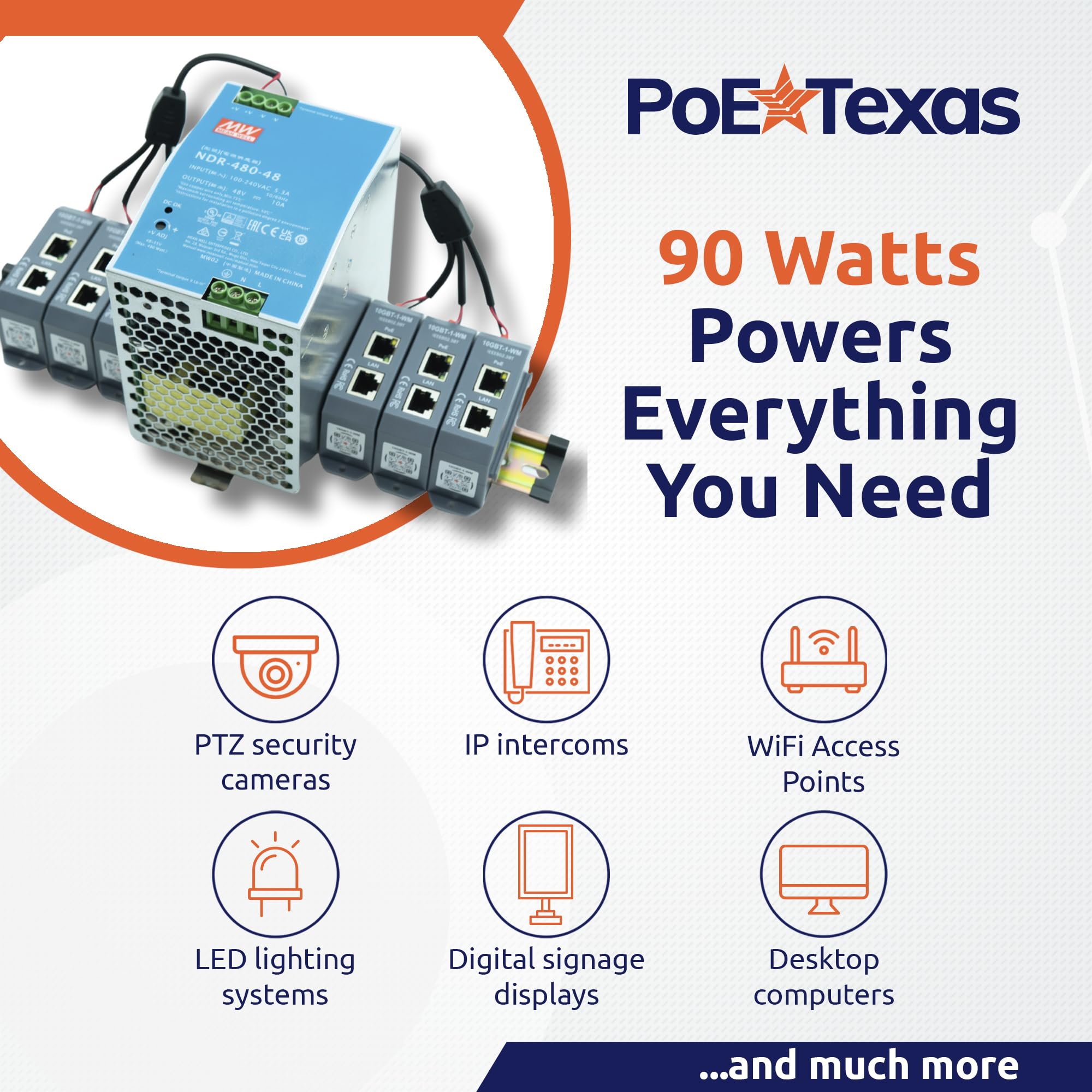PoE Texas Injecteur Midspan PoE++ 6 ports 10 Gigabit avec alimentation 48 V 480 W – Convertit les ports non PoE en PoE++ – Fournit des appareils de 90 W à 802,3 bt jusqu'à 100 m – Montage mural ou