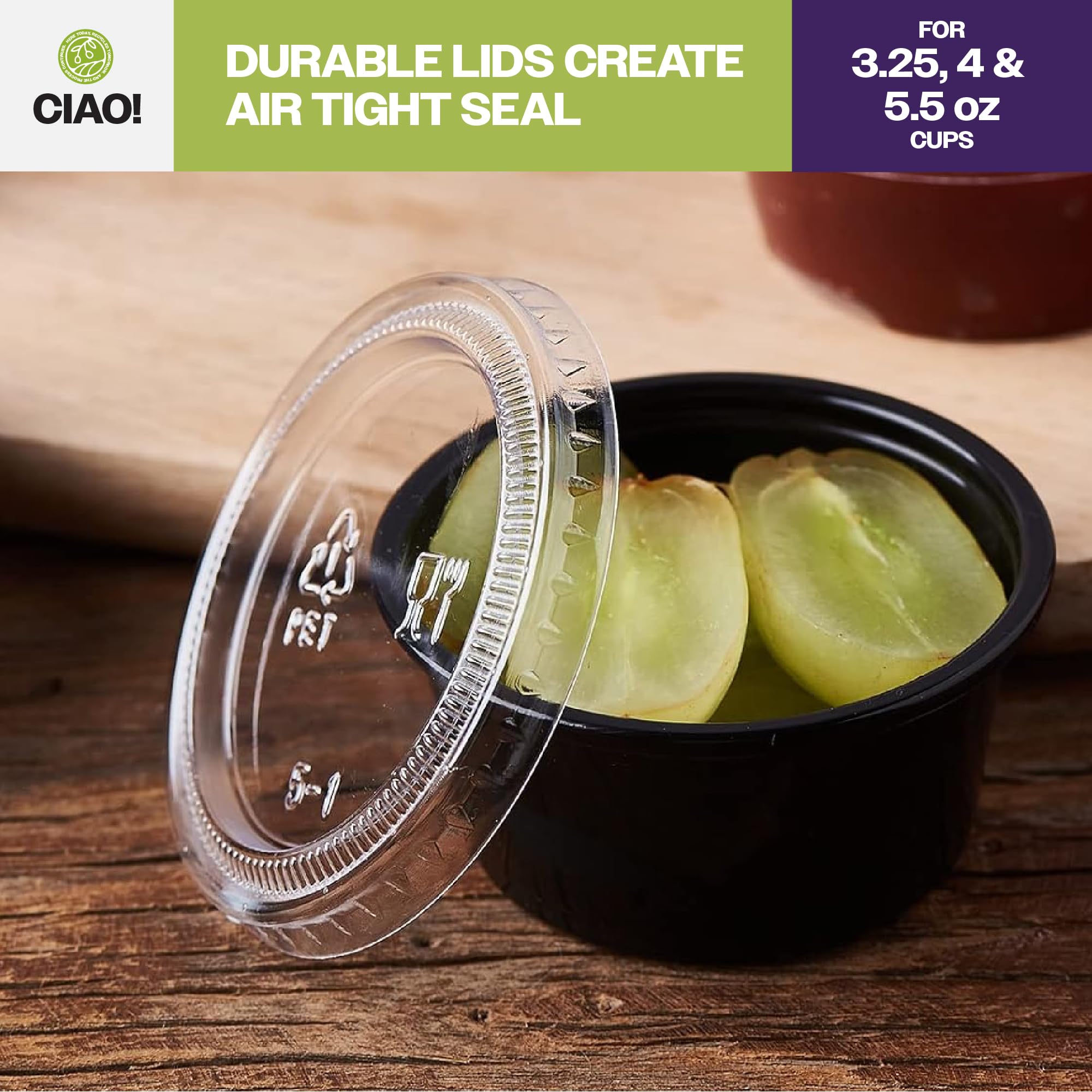 CIAO! Tapa de PET transparente para tazas de porciones de 3.25, 4 y 5.5 onzas, 74 mm de diámetro (caja de 2.500)