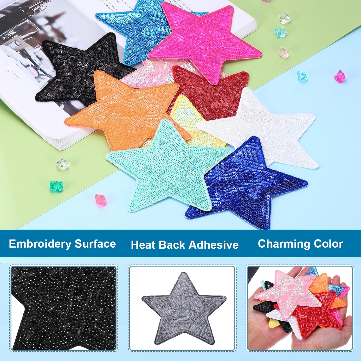 MECCANIXITY 20 Pcs Sequin Star Iron on Patches, 5 x 4.7 Inch Embroidery Sequin Patches for Clothing Repair Backpack Shoes Decoration, Black