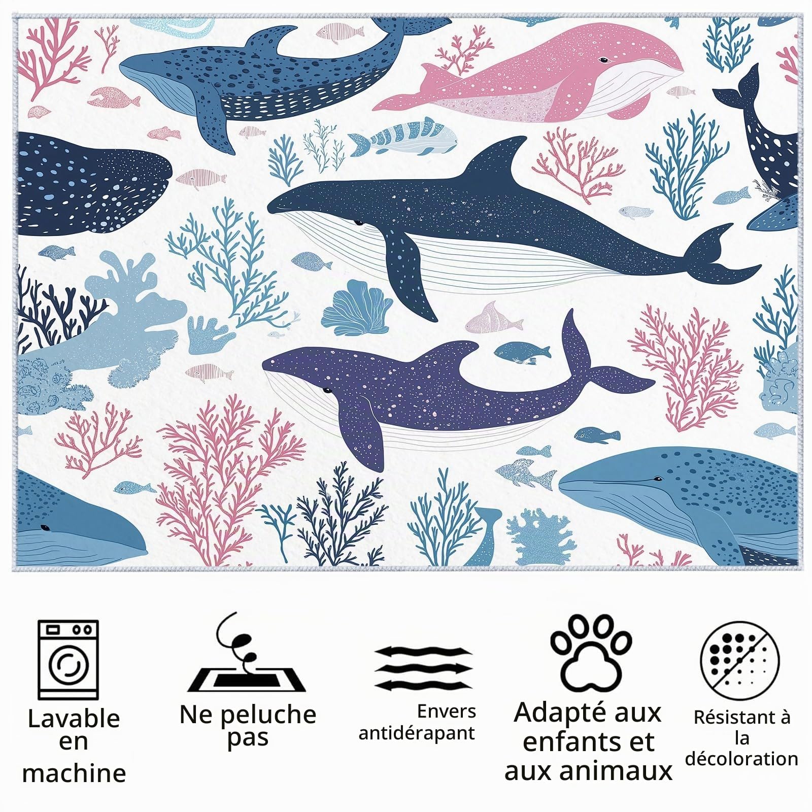 Générique Tapis Intérieur 80x150cm Thème Océan Baleine Tapis Salon Lavable, Tapis de Chambre Moderne à Poil Ras, Antidérapant et Résistant, Tapis Sol Décor À La Maison
