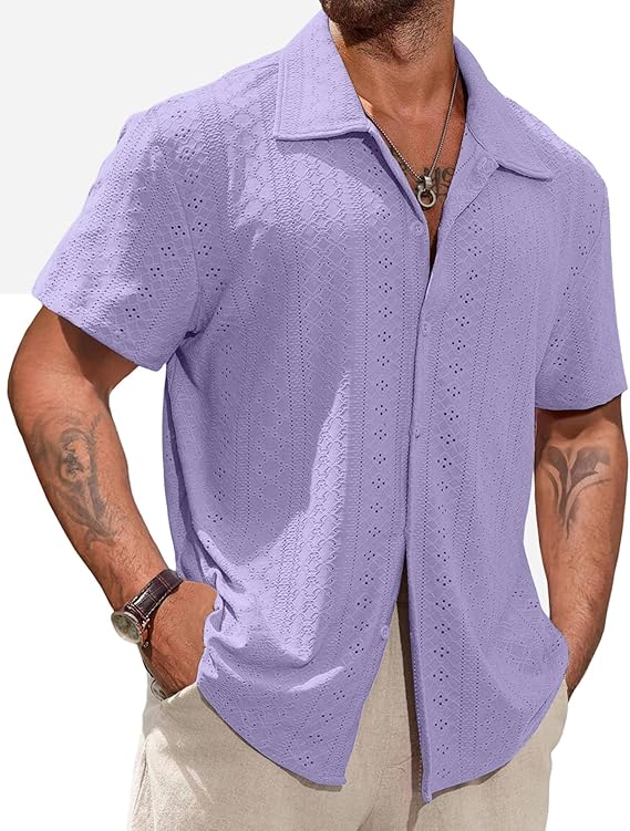 Vssjavun Mens Short Sleeve Button Down Shirts Casual Hollow Out Summer Beach Shirt