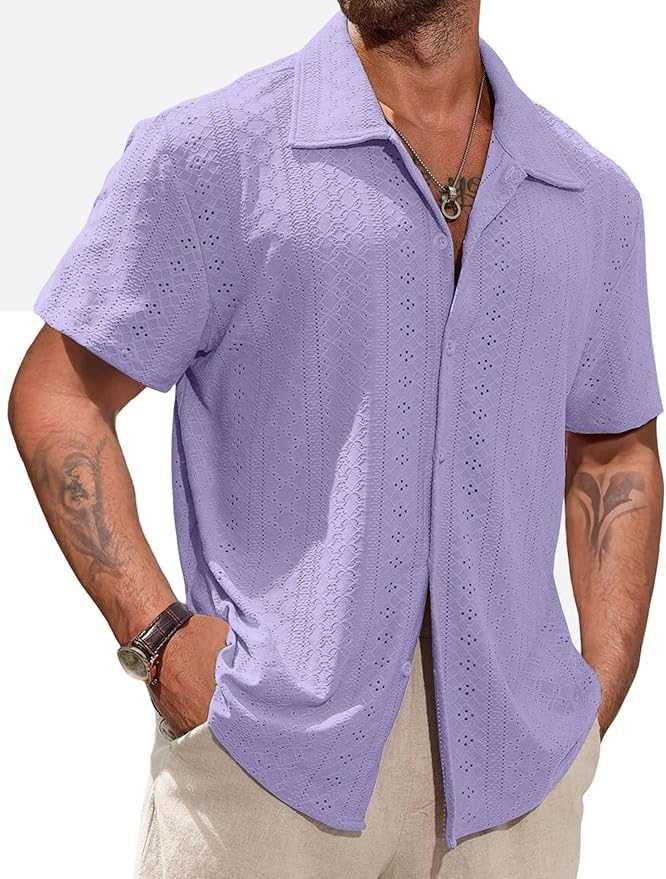 Vssjavun Mens Short Sleeve Button Down Shirts Casual Hollow Out Summer Beach Shirt