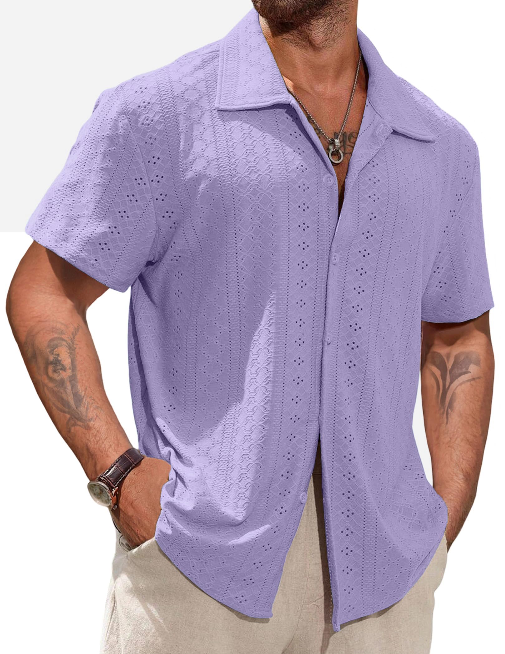 Vssjavun Mens Short Sleeve Button Down Shirts Casual Hollow Out Summer Beach Shirt