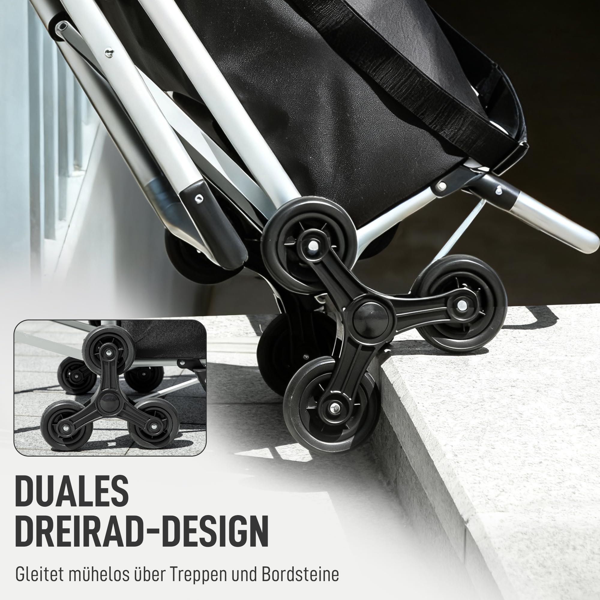 HOMCOM 3-in-1 Einkaufstrolley klappbar mit 40L Kapazität, klappbar Sitz, Trolley bis 25kg belastbar Einkaufswagen Sackkarre Umhängetasche Treppensteiger Schwarz