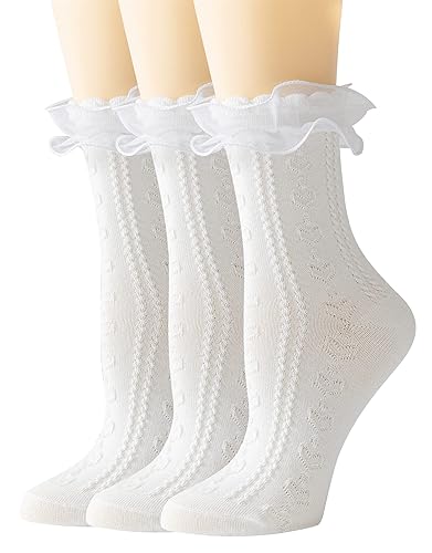 SEMOHOLLI Women's Ruffle Socks - Mid-Calf, Lace Ruffle Frilly Comfortable Cotton Princess Socks - 5-8 - 3 Pairs-white