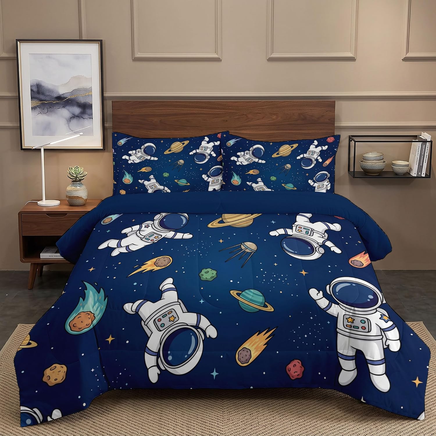 Animation Style Comforter Set King Size, Astronaut Bedding Set for Girls Boys, Navy Blue Quilt Bed 104"X90" Bedding Comforter Sets with 2 Pillowcase Room Decor