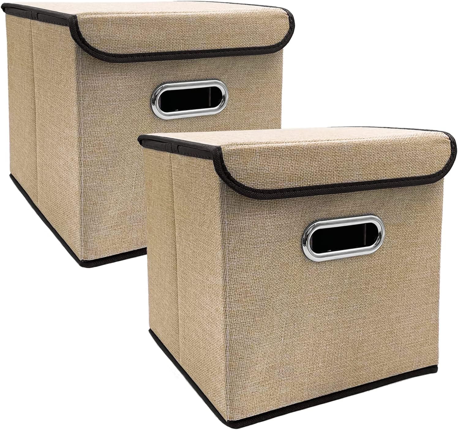Faltbare Stoff-Aufbewahrungskörbe mit Deckel, 2 Stück, 25 x 25 cm, Leinen, waschbar, dekorative Nizers für Zuhause, Kinderzimmer und Schrank (Khaki)