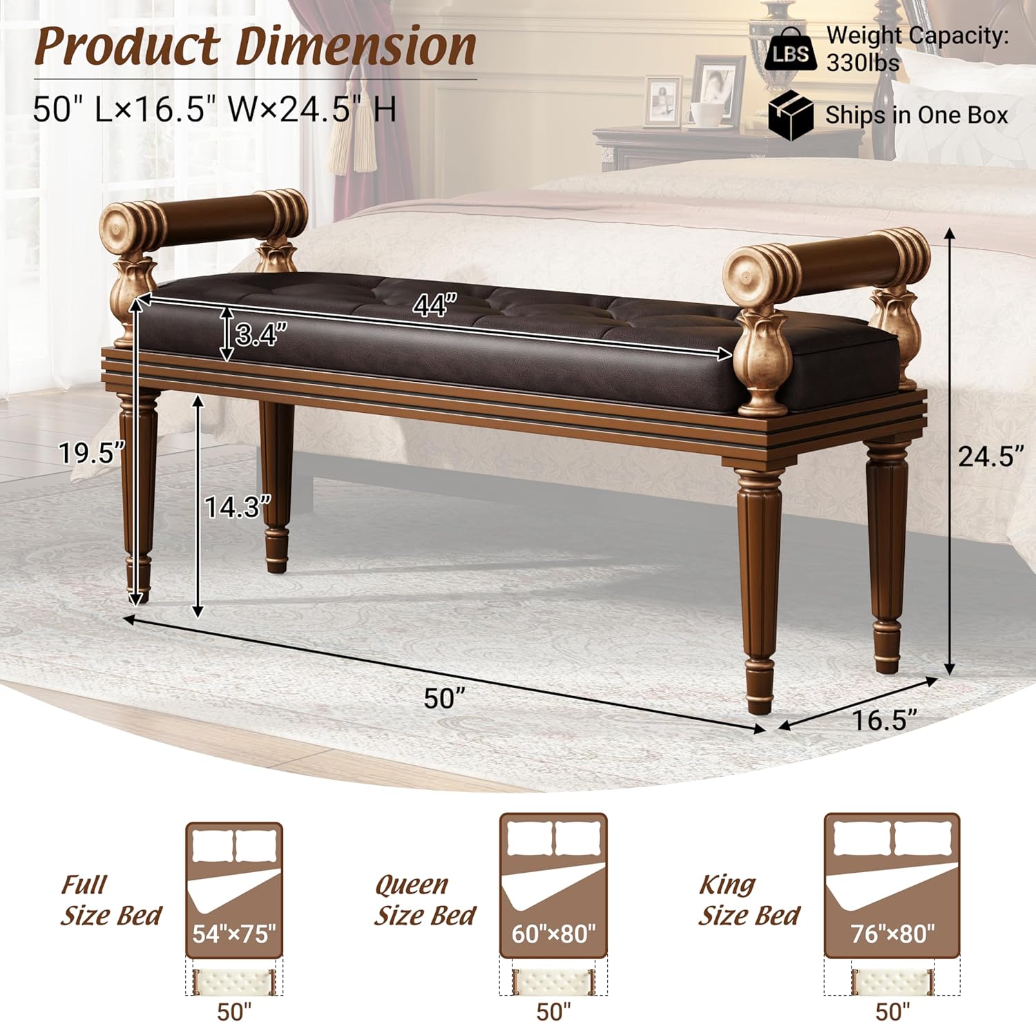 Christopher Knight Home Yae Luxurious PU Leather Upholstered End of Bed Ottoman, Wooden Living Room Ottoman Bench with Fluted Legs/Cylindrical Arm, Long Entryway Bench with Button Tufting, Brown
