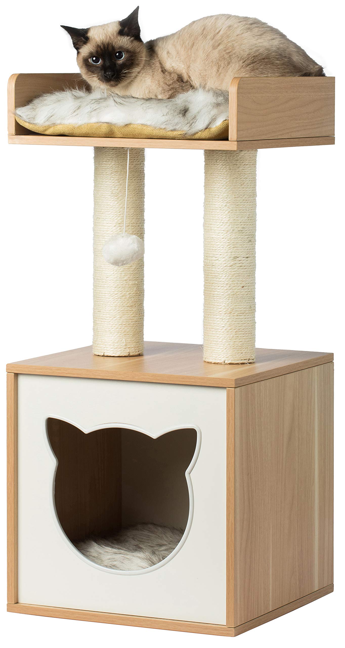 Cat Tree Play House Condo Cube Cave, Platform, Scratcher Post and Ball Toy