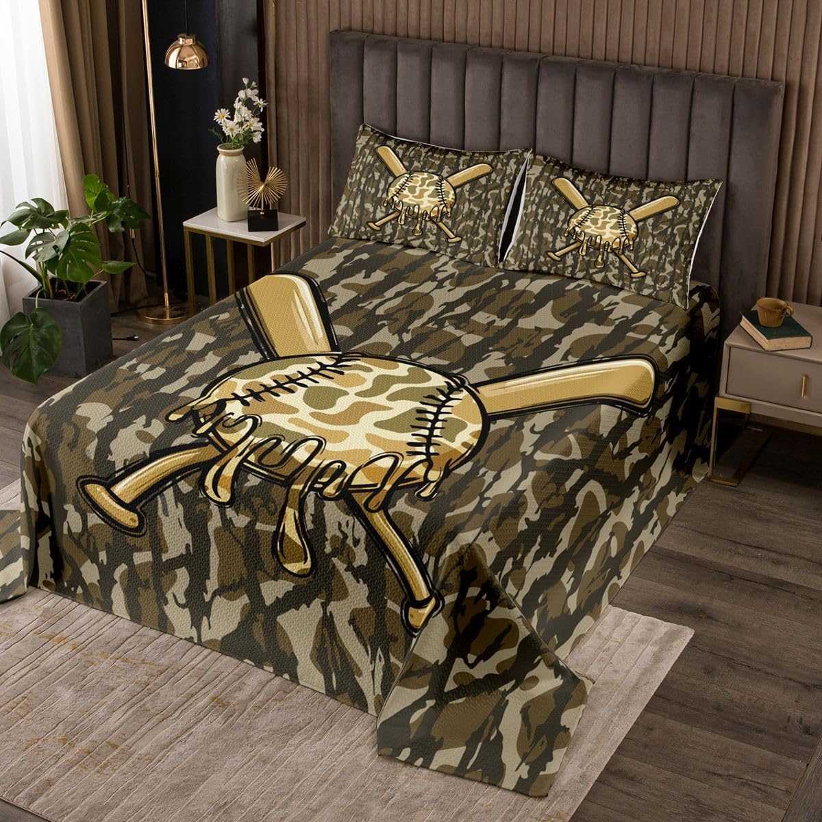 Camouflage Quilted Coverlet Queen Size Camo Bedspread for Kids Boys Girls Decor Baseball Gaming Coverlet Set Breathable Soft Lightweight Microfiber Baseball Military Style Bedroom Decor Bedclothes