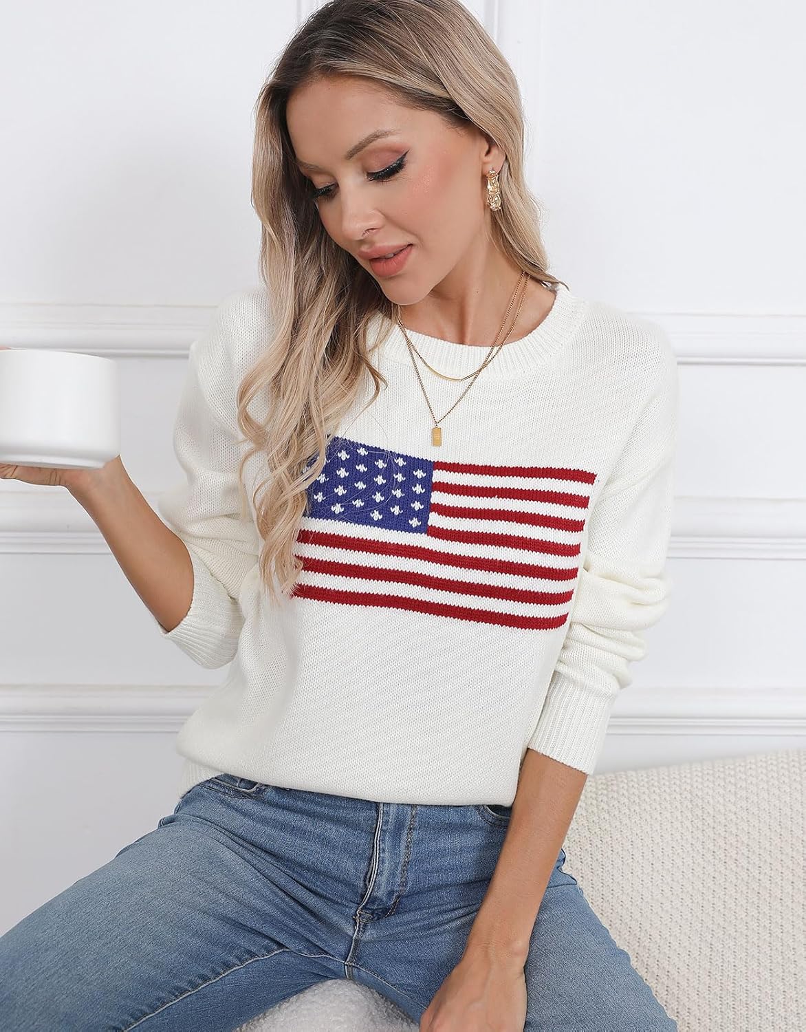 Womens American Flag Sweater Long Sleeve Crew Neck Knitted Casual Pullover Sweater - Image 4