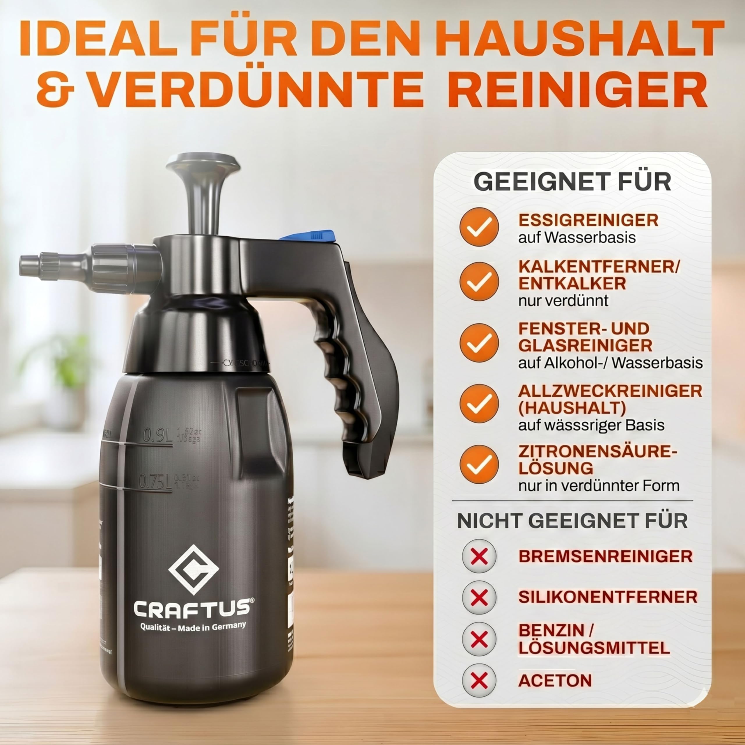 CRAFTUS® Drucksprüher 1L für gleichmäßige Verteilung von Flüssigkeit I Pumpsprühflasche für den Haushalt [EPDM] I Pumpflasche mit Überdruckventil & Verstellbarer Düse