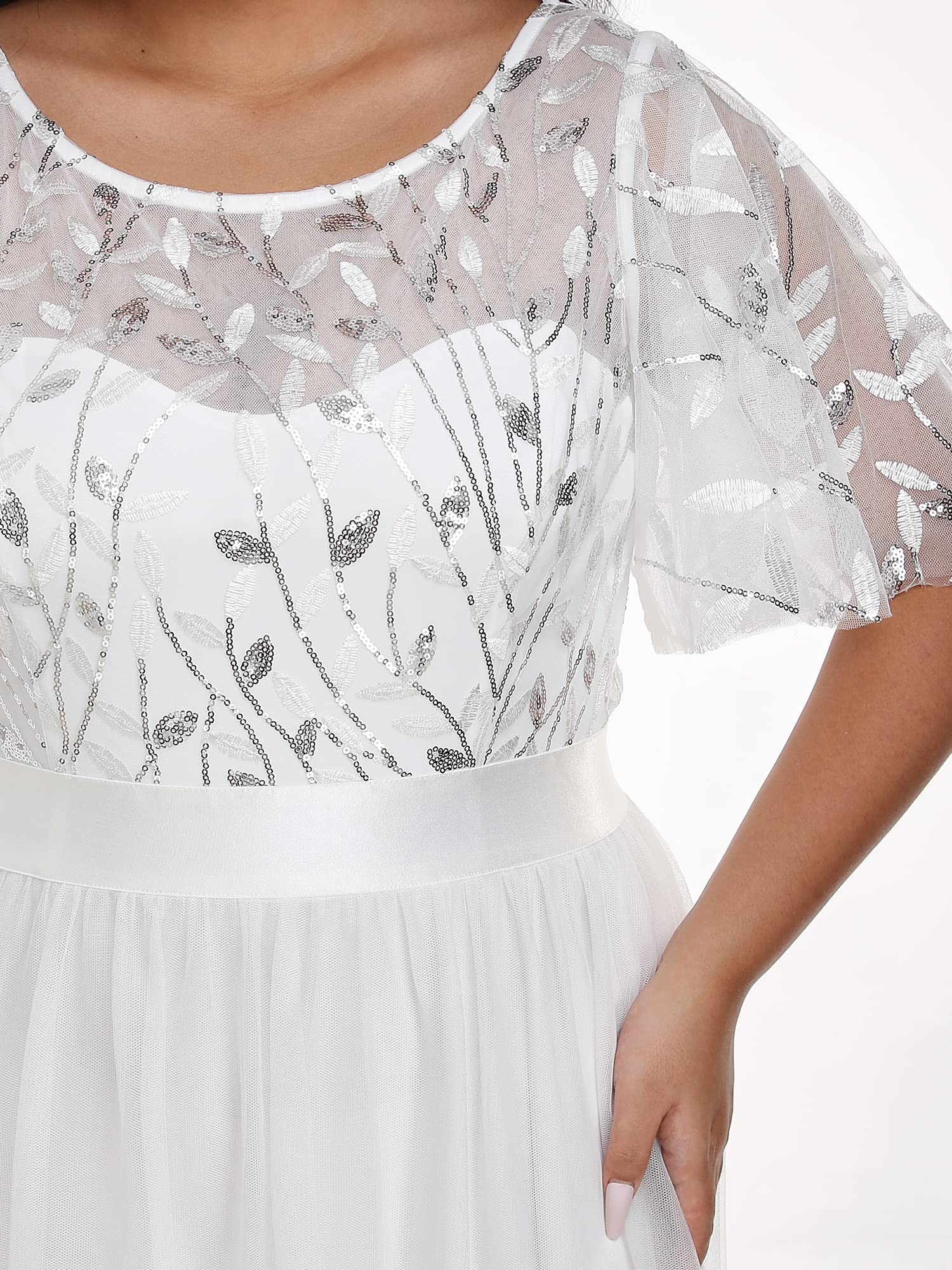Ever-Pretty Corte Imperio Vestido de Fiesta A-línea Tul Cuello Redondo Manga Corta para Mujer 00904