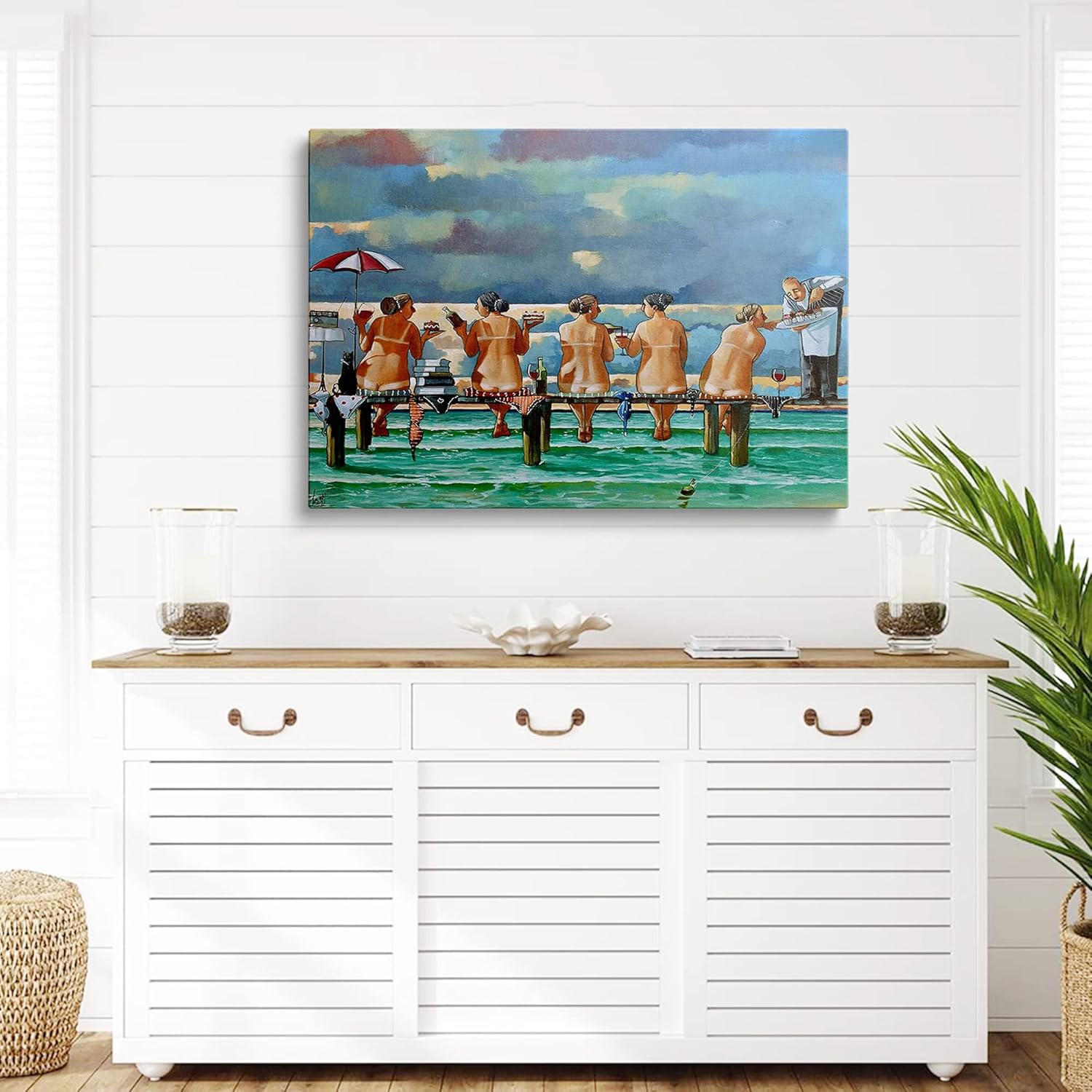 Friends On The Jetty by Ronald West Canvas Wall Art Beach Girls Picture Ocean Seascape Painting Bathroom Beach Decor Blue Sky Beach Beauties Travel Poster Holiday Home Decoration 20"x30"