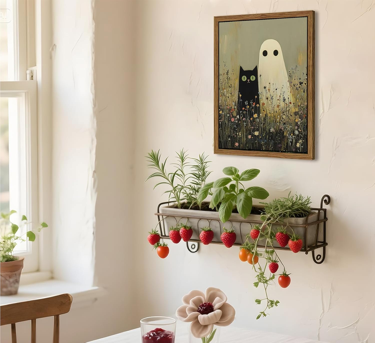 Framed Halloween Ghost Canvas Wall Art Funny Black Cat Wildflower Ghost Painting Prints Rural Fall Vintage Spooky Wall Decorate for Living Room Kids Room, Halloween Bedroom or Party 12x16 inch