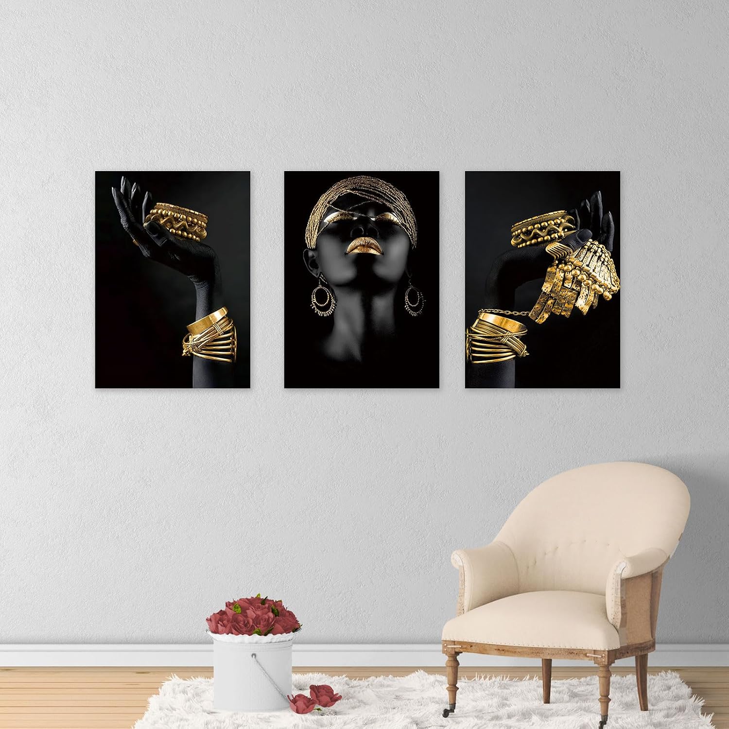 Kiddale Black Gold African American Woman Wall Art,Elegant Black Female Abstract Poster Print Artwork for Living Room Bedroom Dining Room Home Decoration(Set of 3 Unframed, 16x20 inches)