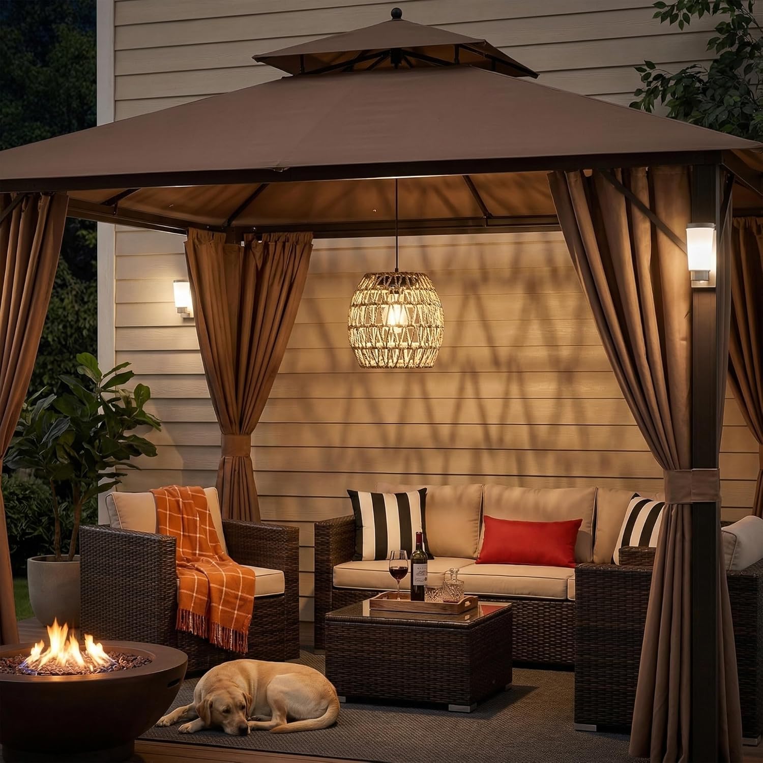 Battery Operated Chandelier, Rattan Gazebo Waterproof Hanging Pendant Light with Bulb for Patio Porch Garden Barn Room Pergola Decor