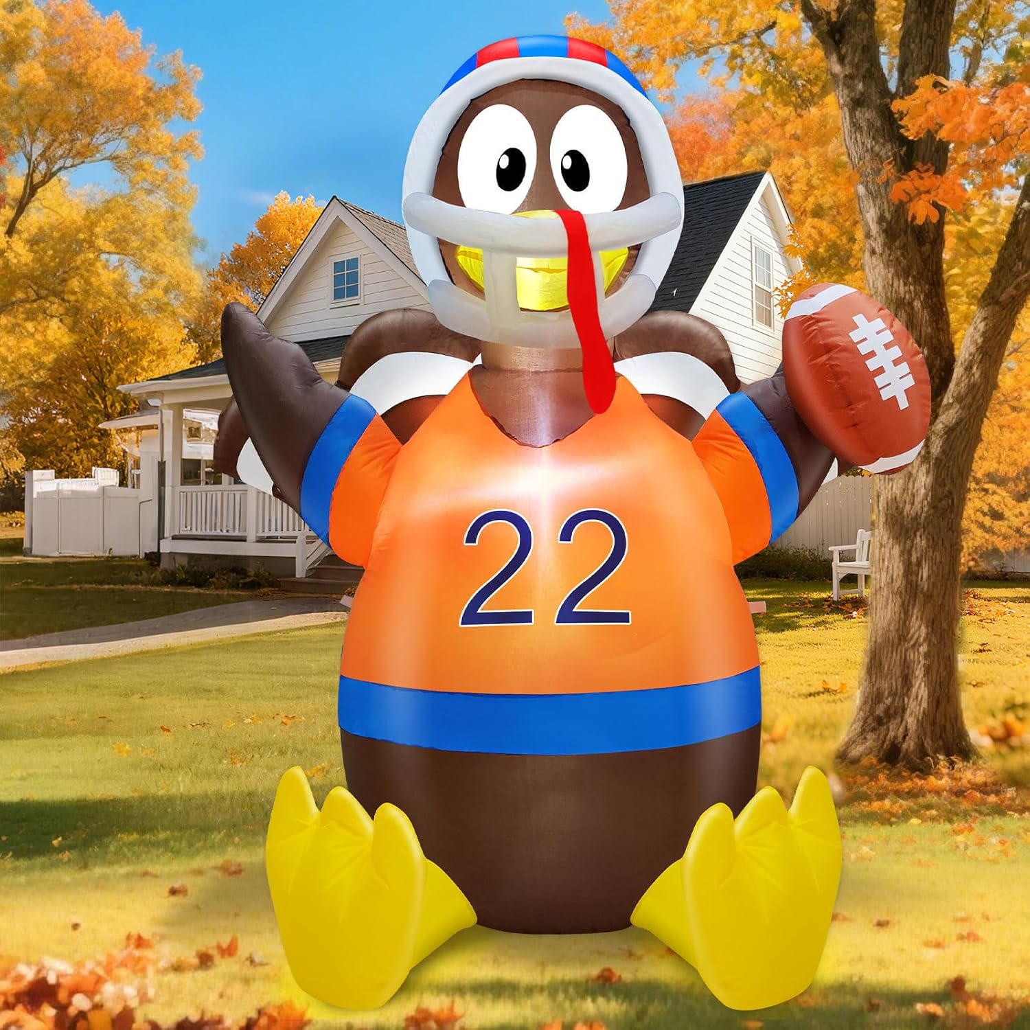 TURNMEON 5 Ft Thanksgiving Inflatables Outdoor Decorations, American Football Turkey Blow Up Yard Decor with LED Lights Fall Thanksgiving Decorations Outside Lawn Garden Indoor Autumn Holiday Party