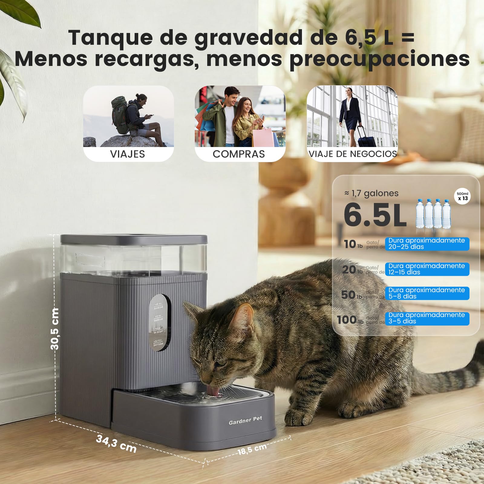 Gardner Pet dispensador Agua Gatos automático de 6.5L, Bebedero Perro automatico por Gravedad con Cuenco de Acero Inoxidable, dispensador de Agua para Perros, sin Electricidad, Libre de BPA - Gris