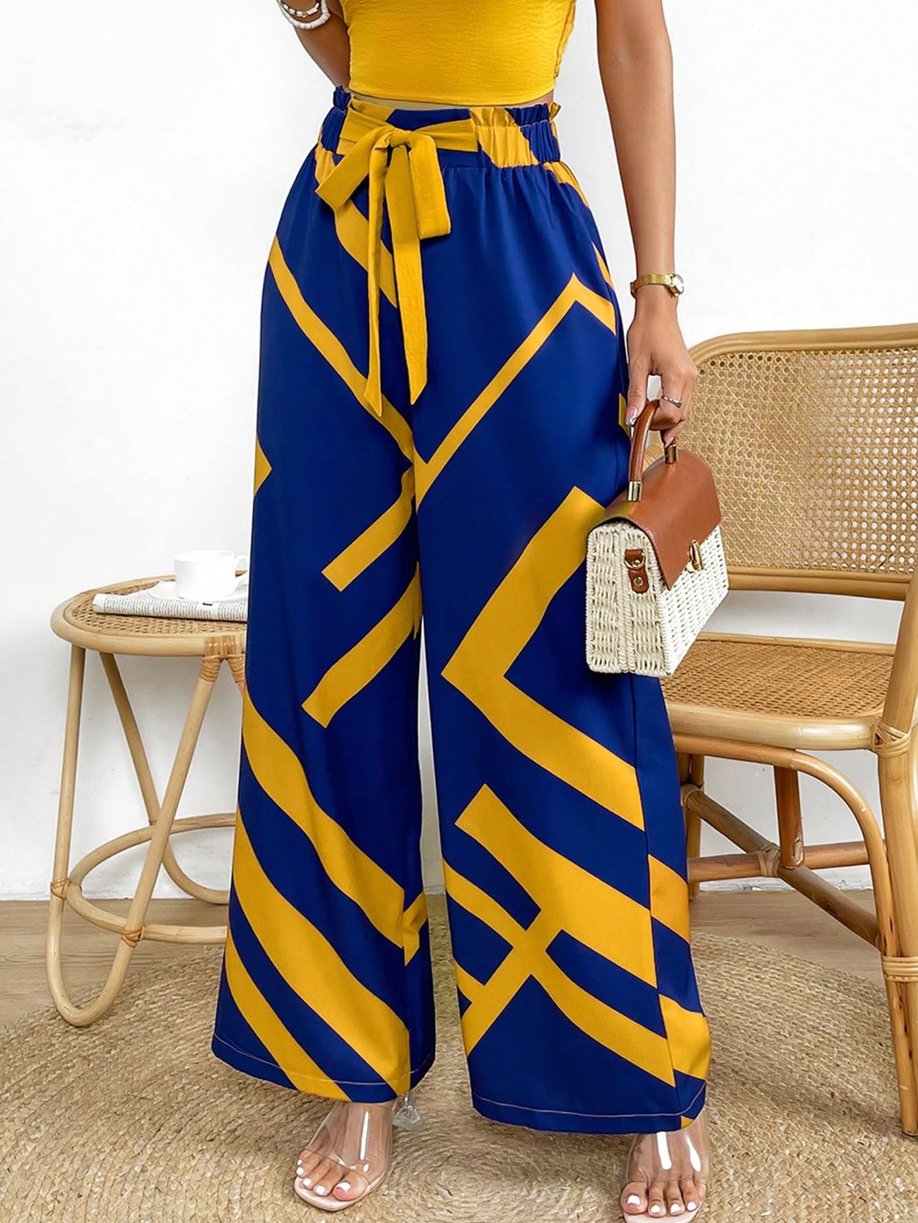 CRYBA Womens Pants Blue Geometric Print Belted Wide Leg Pants Pant for Women