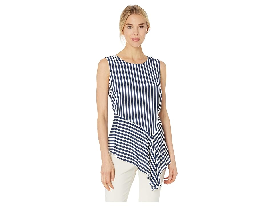 

Vince Camuto Sleeveless Asymmetrical Drape Hem Modern Stripe Blouse (Ink Blue) Women's Blouse