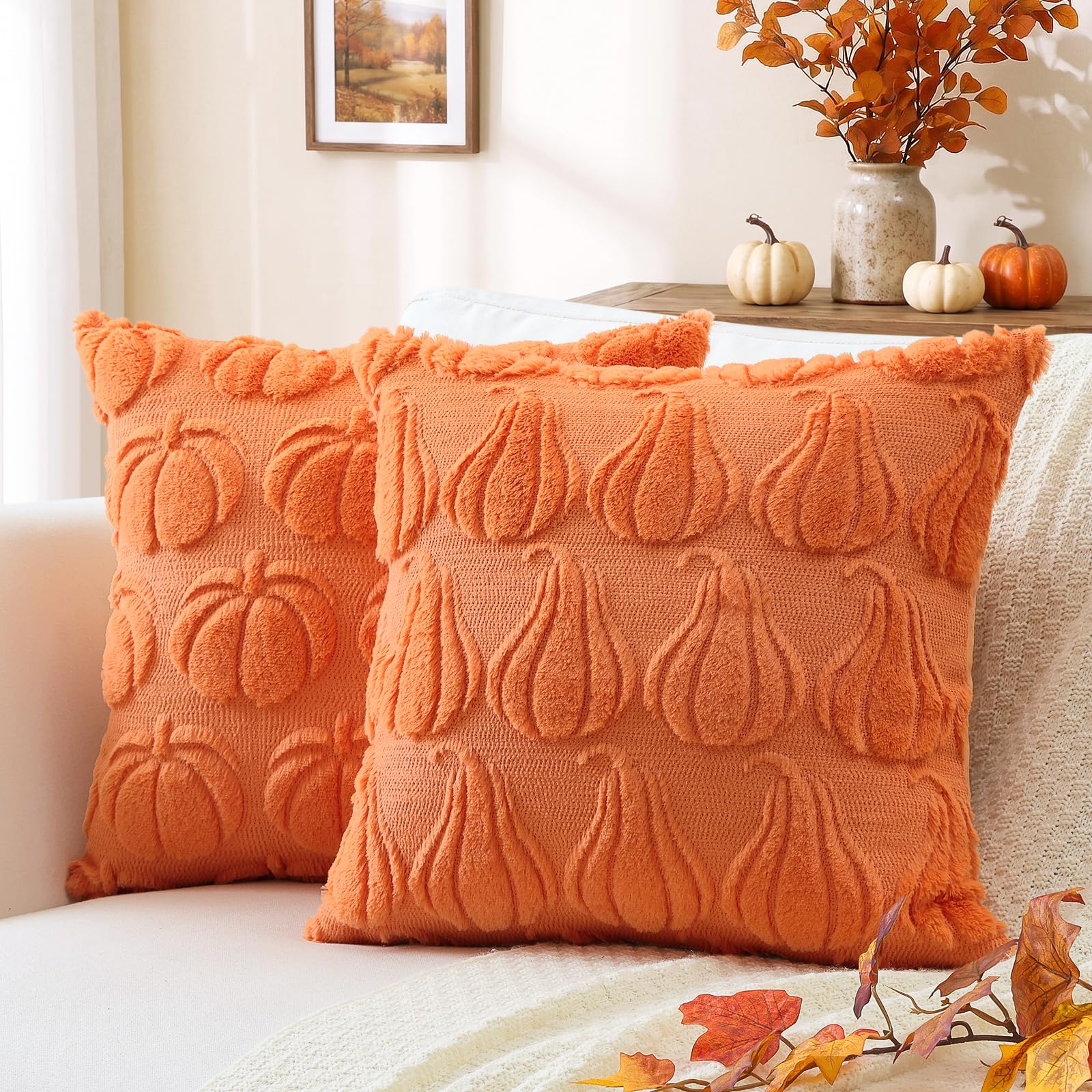 Artscope Fall Cushion Covers Set of 2 Two Types of Pumpkins Throw Pillow Covers for Sofa Couch Bed Living Room Soft Plush Short Wool Velvet Farmhouse Pillowcases for Halloween 50x50cm Orange