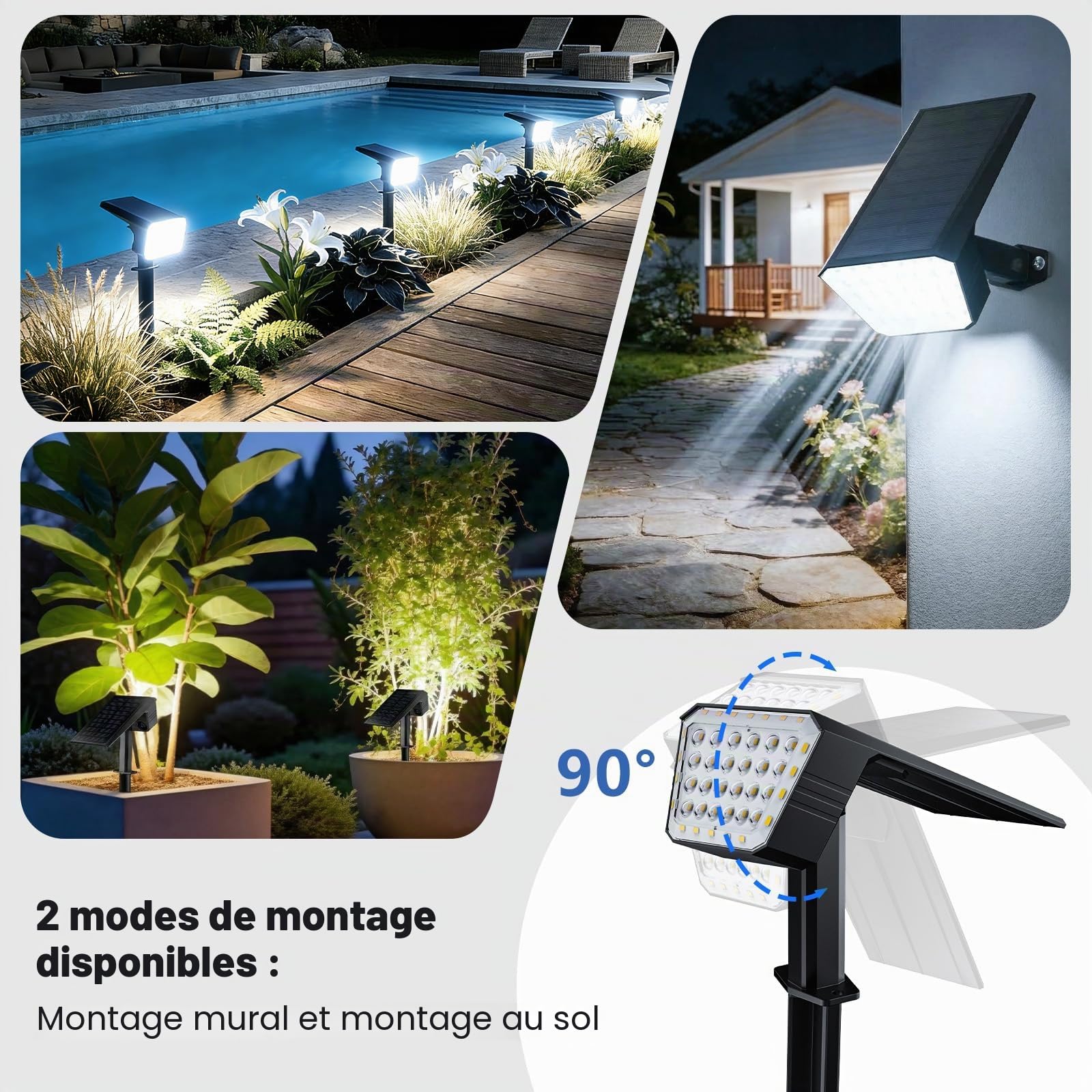 FIFlying Lot de 4 Spot Solaire Extérieur, 44 LED Lampe Solaire Exterieur, 3 Modes d'Éclairage avec Étanche IP67 Lumiere Solaire Exterieur pour Jardin, Cour, Allée, Chemin - Blanc Froid