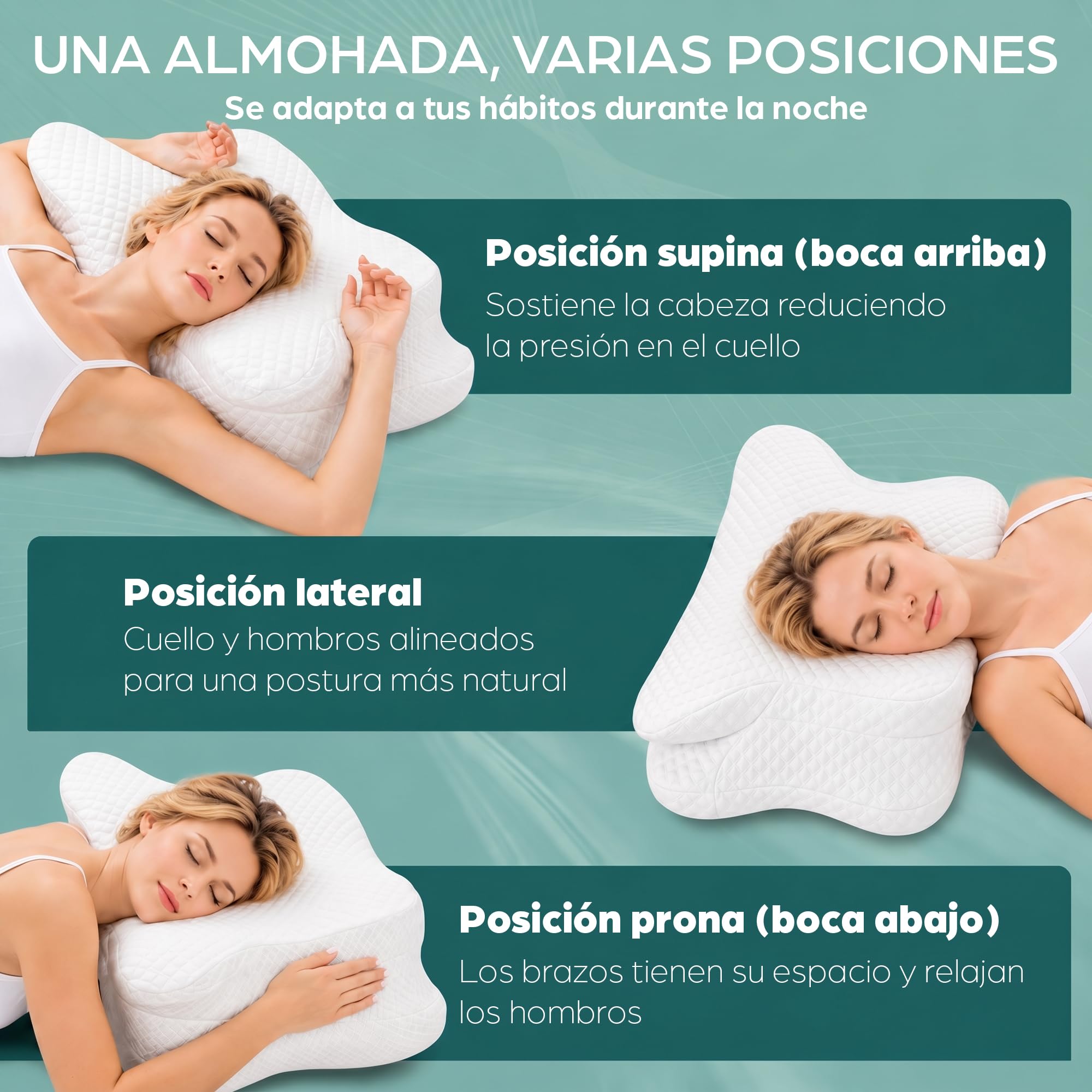 Flowen Almohada Cervical y Cuello Espuma Viscoelástica | Almohadas Cervicales Ergonómica para Dormir de Lado | Cojín Antironquidos Soporte Nuca Hombro | Dolores de Cuello | Funda Lavable Transpirable