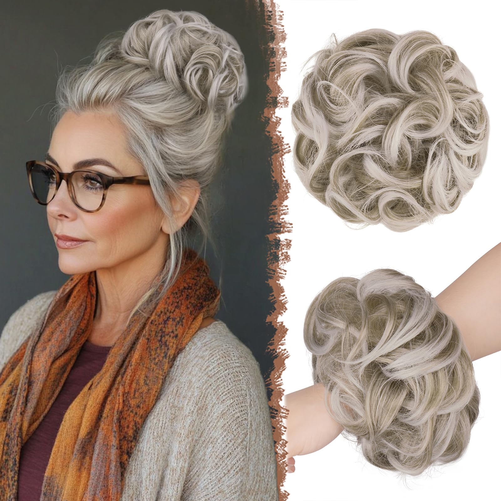 FESHFEN Messy Bun Hair Piece Hairs Scrunchies Thick Curly Wavy Pony Tail Synthetic Accessories Donut Updo Hairpieces for Women Girls 55g