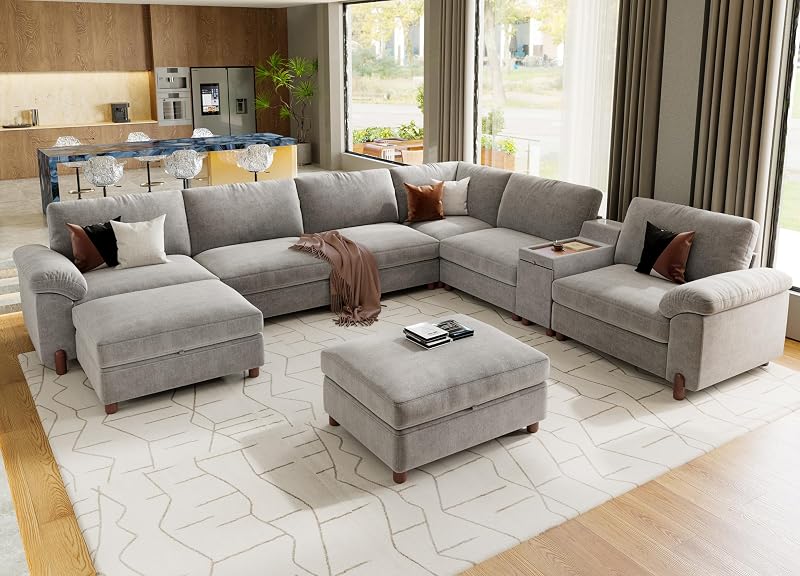 SITJOY Cloud Couch Sectional, 6 Seater with Console, Chenille in Light Gray
