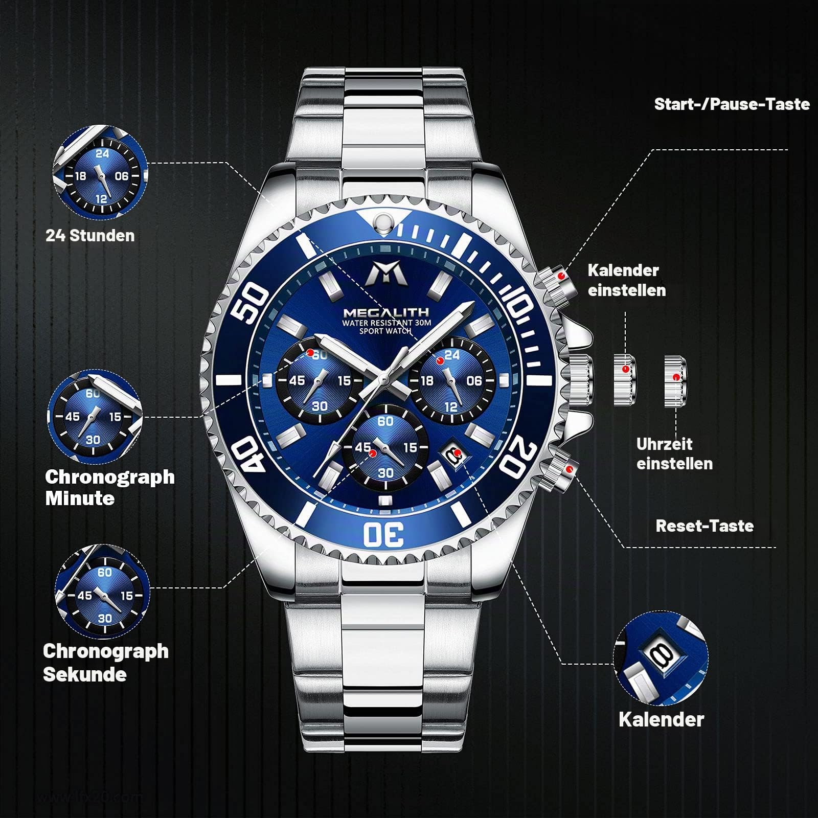MEGALITH Uhren Herren Chronograph Edelstahl: Armbanduhr Herren Groß mit Datum Leuchtend Wasserdicht - Designer Herrenuhr für Geschäftsleute Alltagskleidung Geschenk
