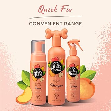 Pet Head Quick Fix Dog Grooming Foam | Peach Scent | No Rinse Dog Shampoo for Smelly Dogs | Nourishes, Deodorises, and Softens Pet Coat & Skin | Vegan | Gentle Formula for Puppies | 200ml