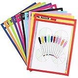 Dry Erase Pockets with Markers, 10 Pack Oversized 10x14 Sleeves for 8.5x11 Worksheets, Heavy Duty Clear Vinyl, Reusable Sheet Protectors with Grommet & Marker Loop for Classroom and Office