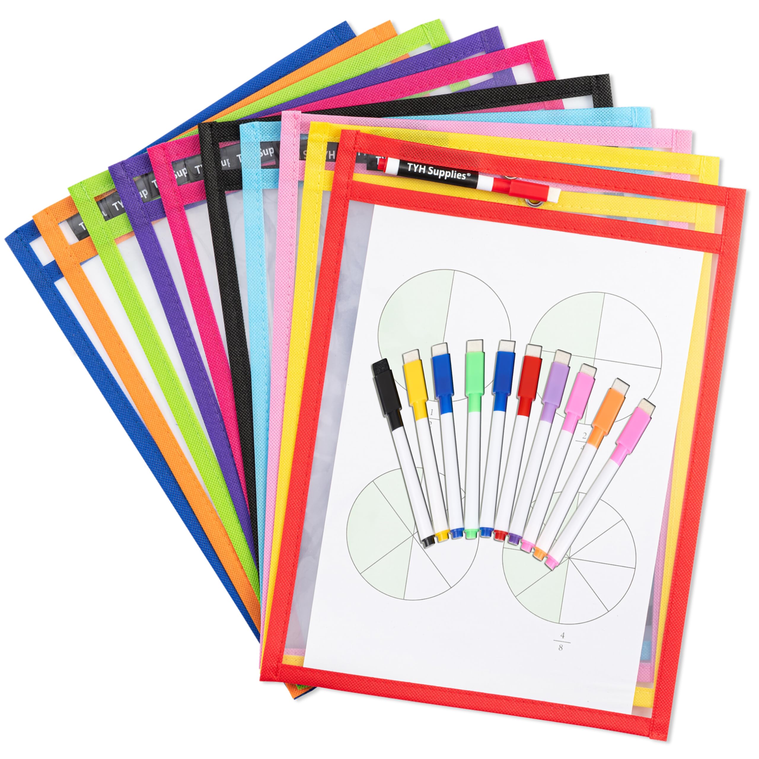 TYH Supplies 10 Pack Heavy Duty Dry Erase Pocket Sleeves | 10 x 14 Inch Sheets | 10 Assorted Colors | Ultra Clear Plastic Erasable Pockets
